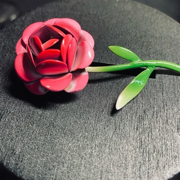 Vintage Enamel Pink Rose Metal Brooch - Picture 2 of 6